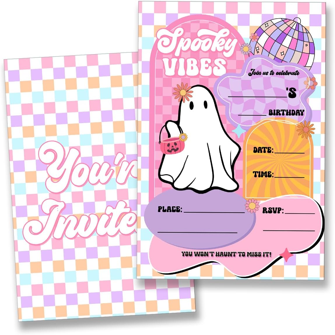 Cute Pink Halloween Birthday Party Invitations with Envelopes