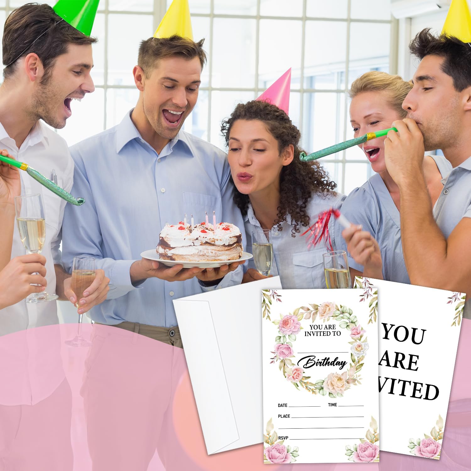 Pink Floral Birthday Party Invitations 20 Pcs with Envelopes