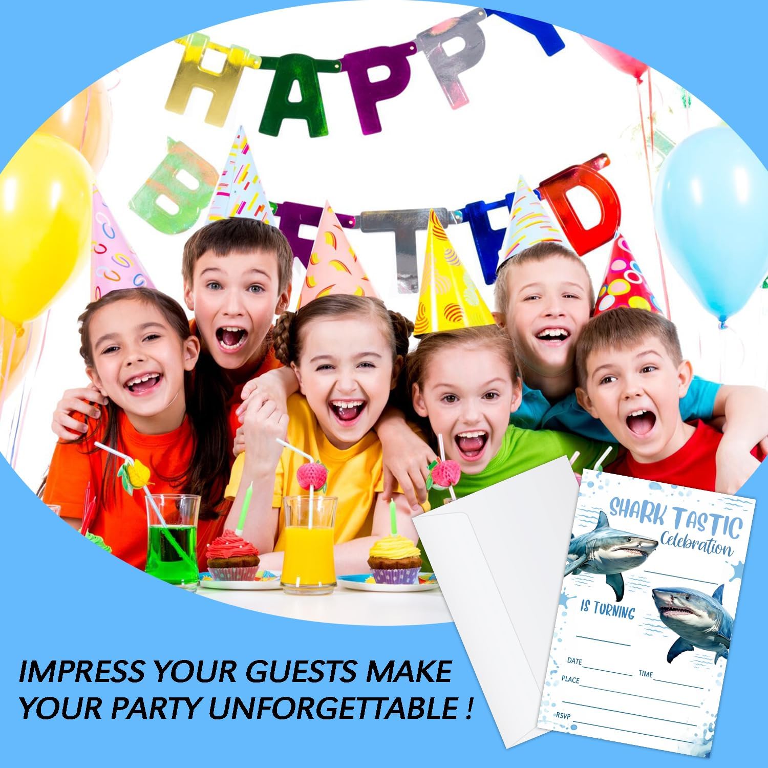 20 Shark Birthday Invitations with Envelopes