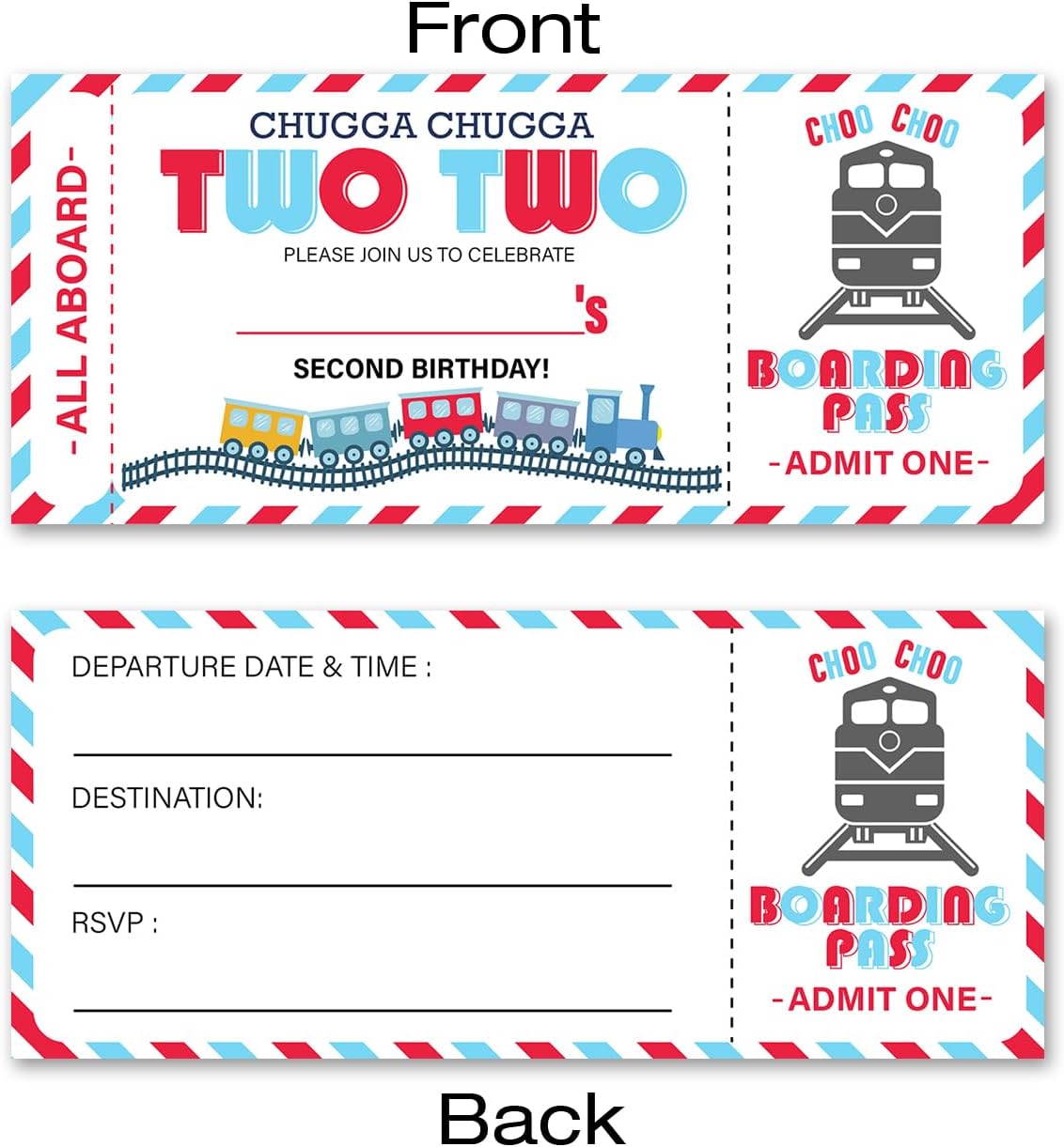 VAHATAN 2nd Birthday Train Ticket Invitations 20 Pack with Envelopes