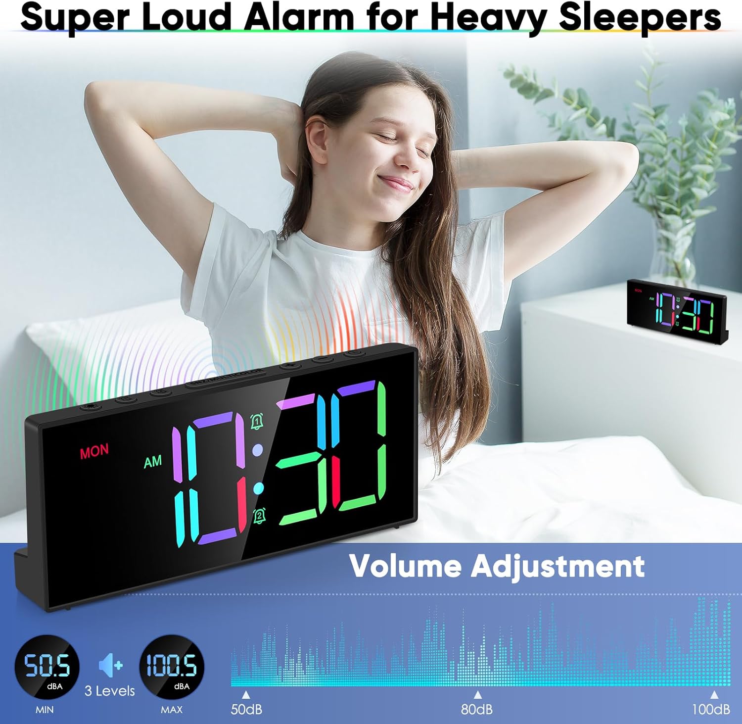 Tetino Loud Alarm Clock with RGB Display and Snooze