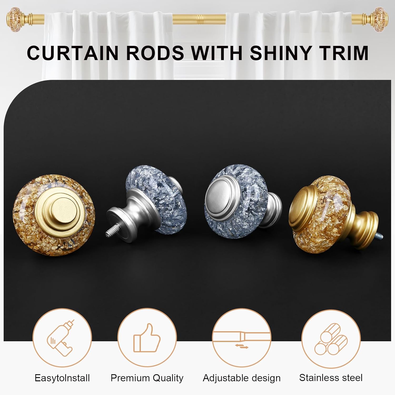 Gold Curtain Rods 48 to 84 Inch Vintage Crystal Finials