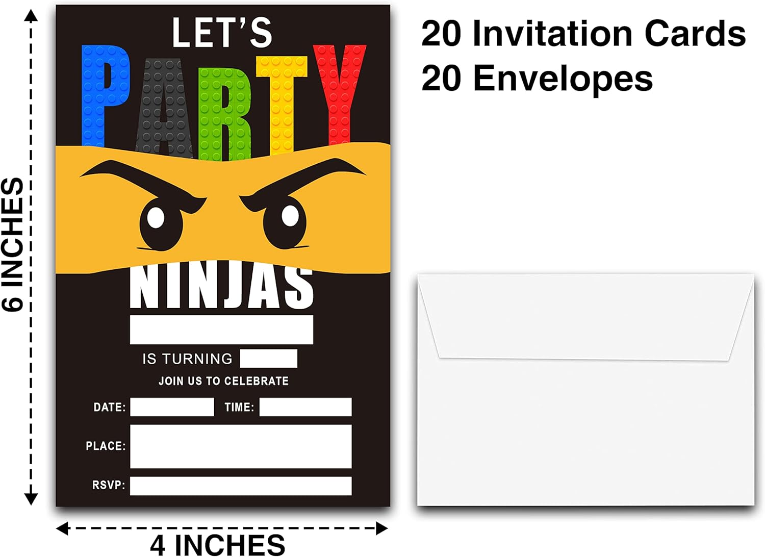 4 Inch x 6 Inch Ninjas Birthday Invitation Cards With Envelopes - 20 Sets