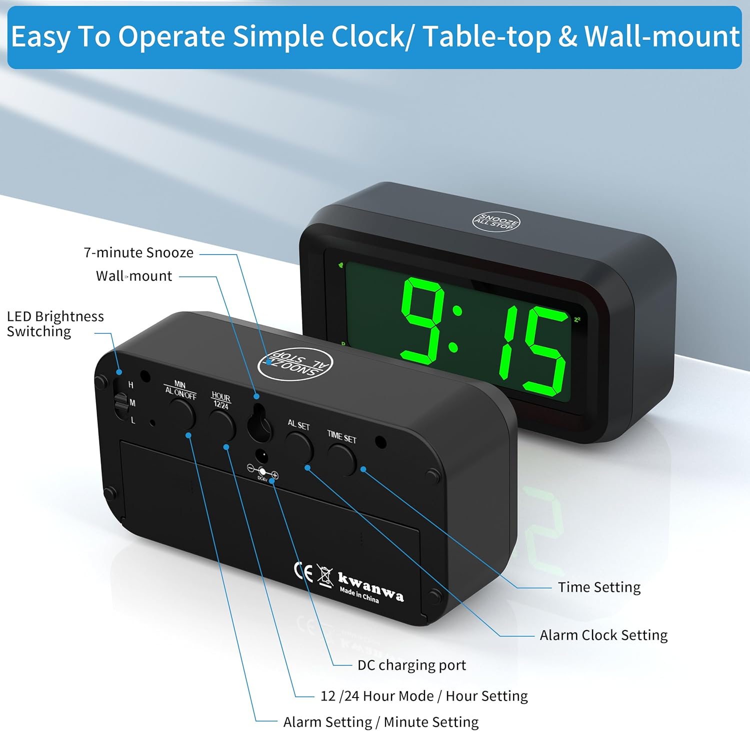 Kwanwa Alarm Clock - Dual Power Auto Night Dim