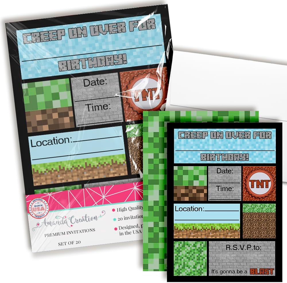 Creepy Pixel Miner Birthday Invites 20 5x7 Fill-In Cards with Envelopes