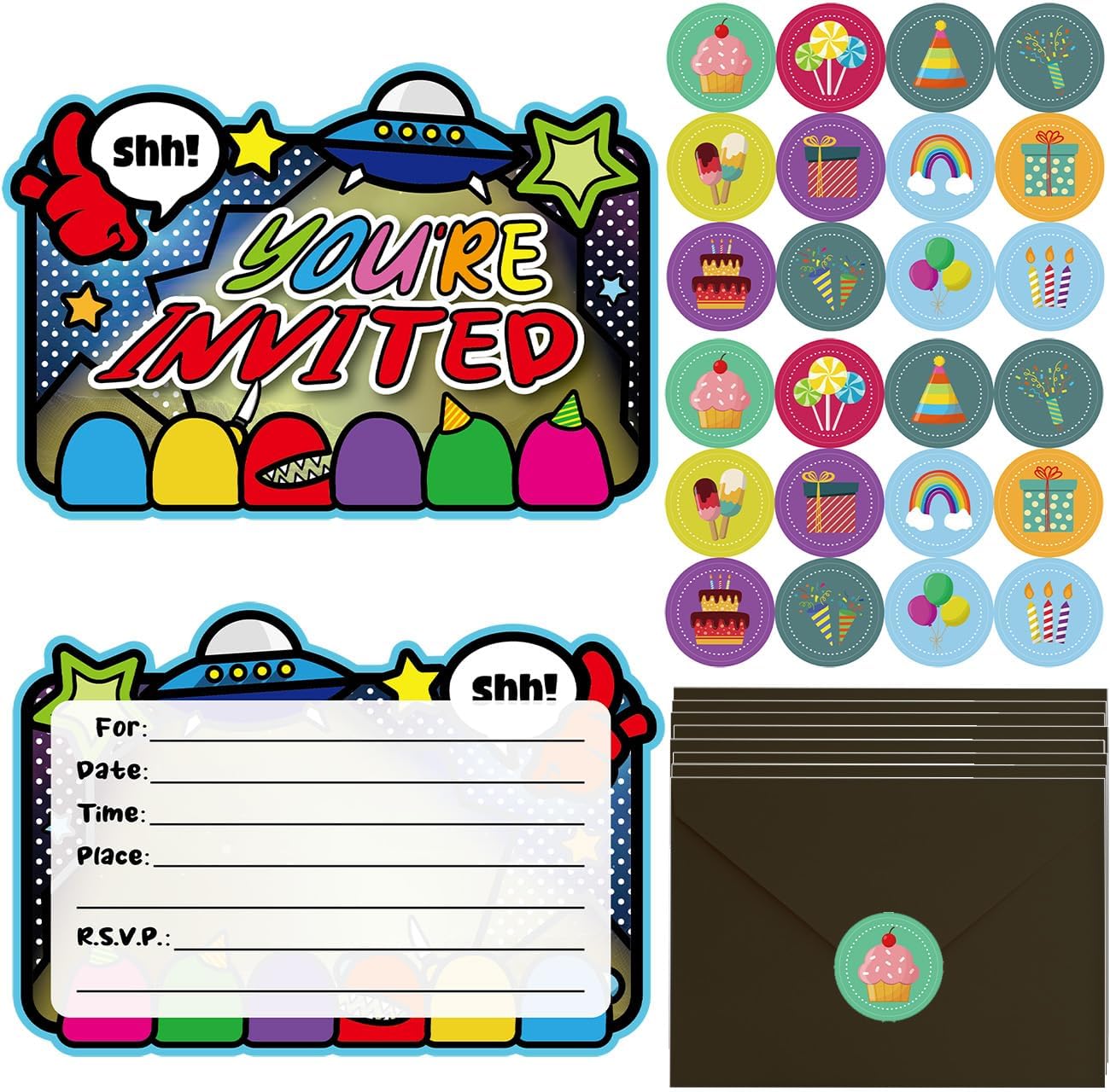 20pcs Space Game Birthday Invitations with Sticker Labels