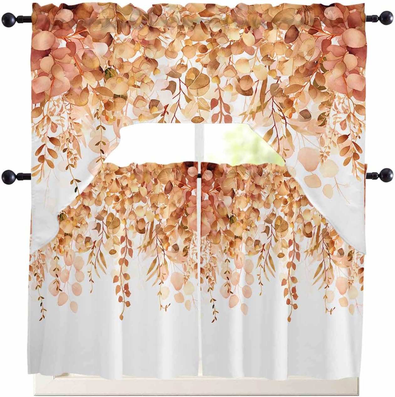Orange Eucalyptus Leaf Curtain Set with Valance and Tiers