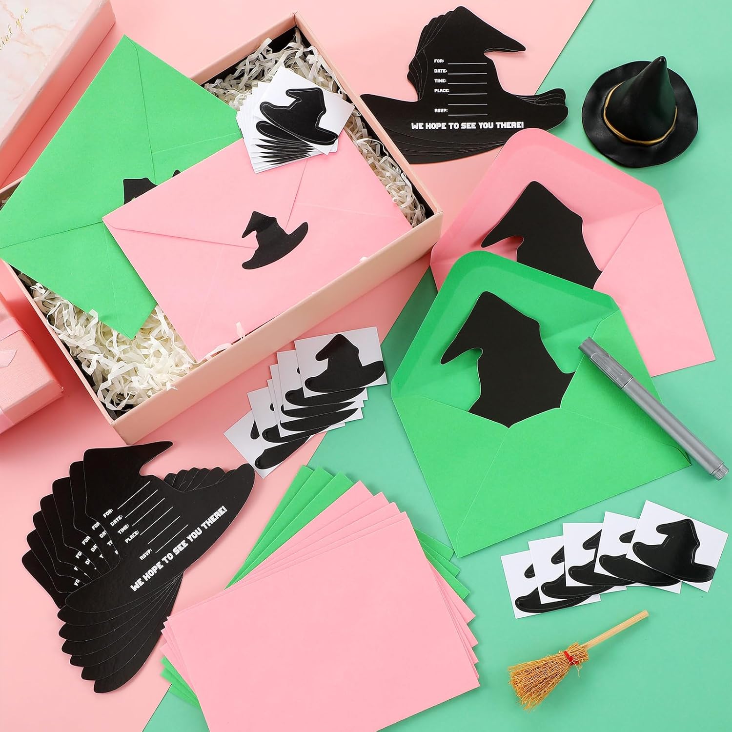24 Set Witch Party Pink Green Invitations with Envelopes and Stickers