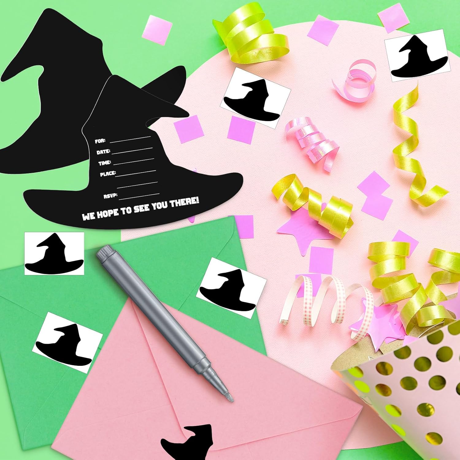 24 Set Witch Party Pink Green Invitations with Envelopes and Stickers