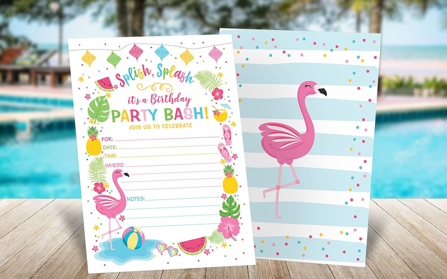 Flamingo Birthday Invite - Summer Pool Party Print - 20 Fill-In Invitations