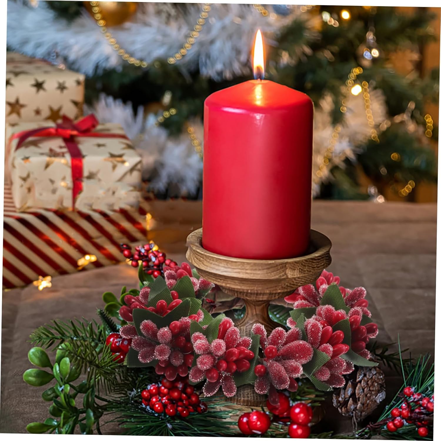 Cabilock Red Berries Pine Cones Candle Wreath Holiday Centerpiece