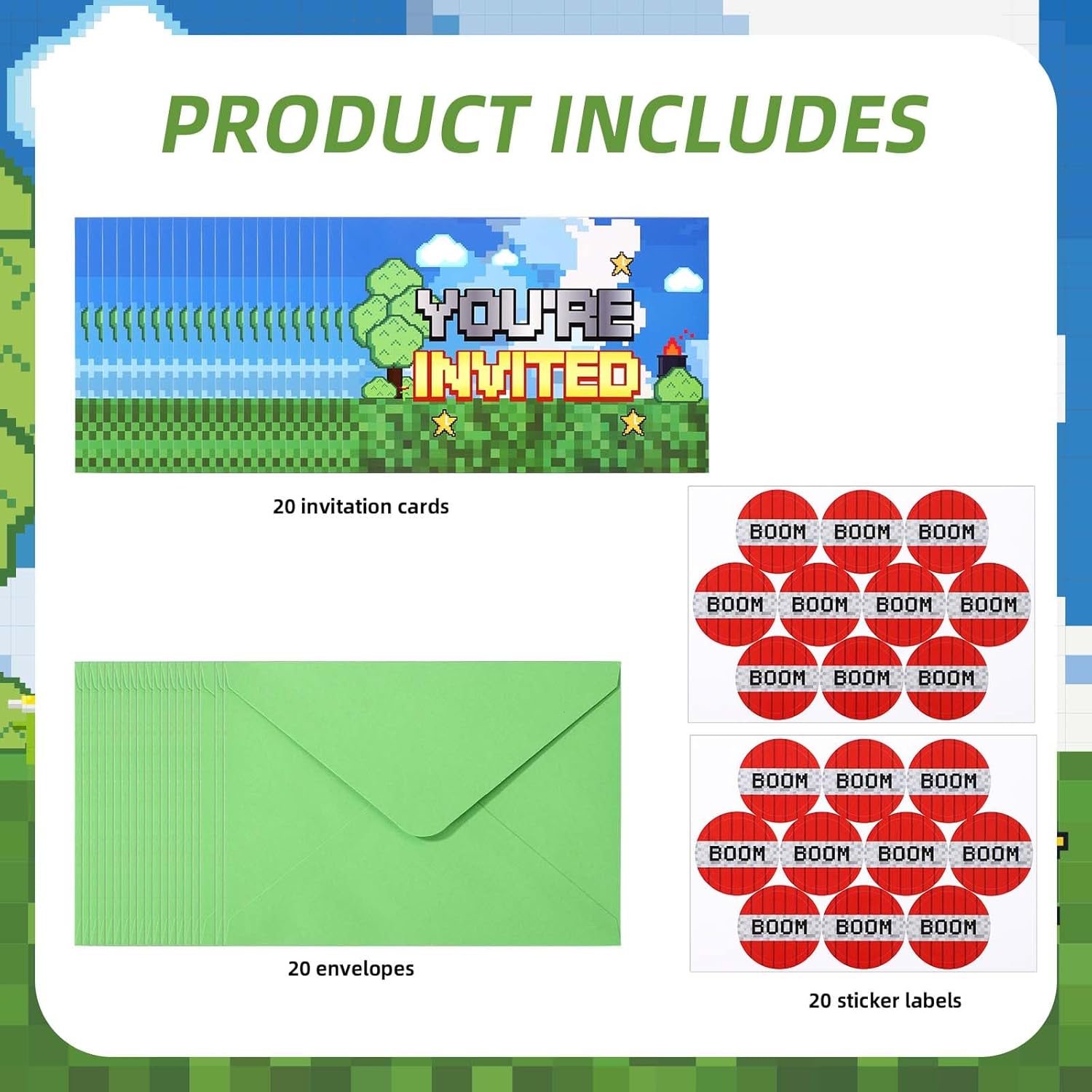 20pcs Video Game Birthday Invites with Envelopes and Stickers