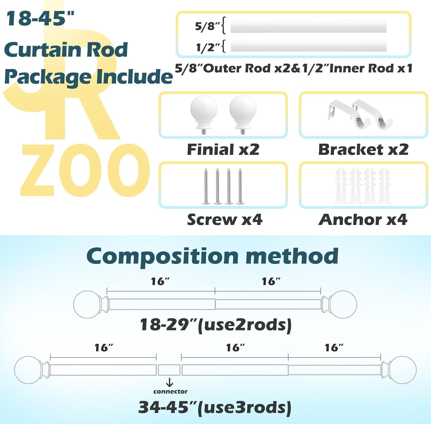 JRZOO White Curtain Rods 18-45 with Ball Finials