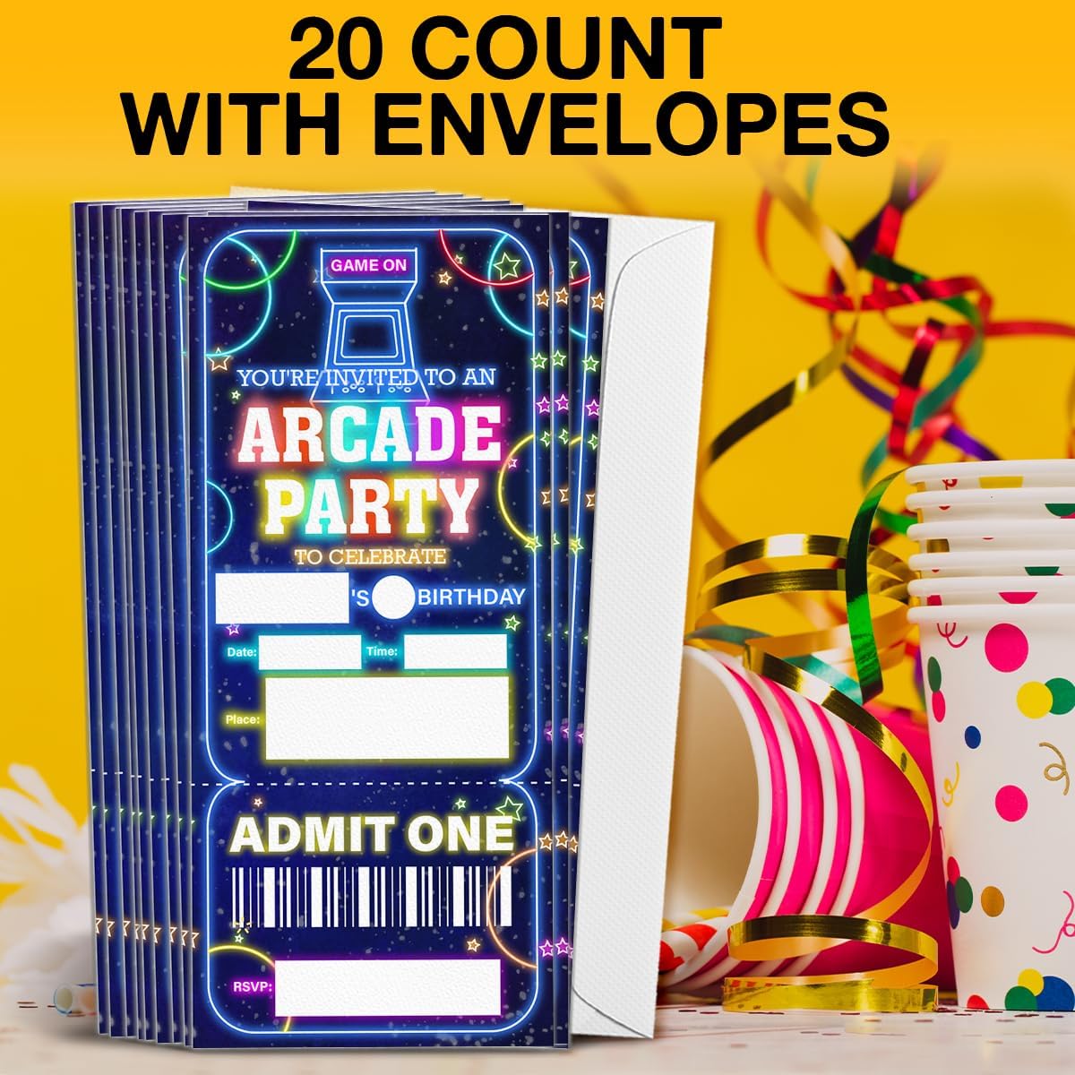 Arcade Party Invitations Set of 20 with Envelopes