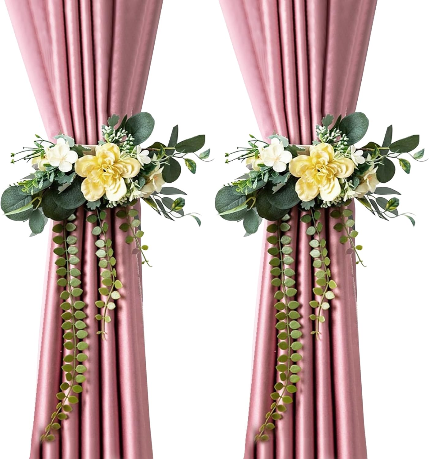 2 Pack Artificial Flower Curtain Tiebacks Rose Design Yellow