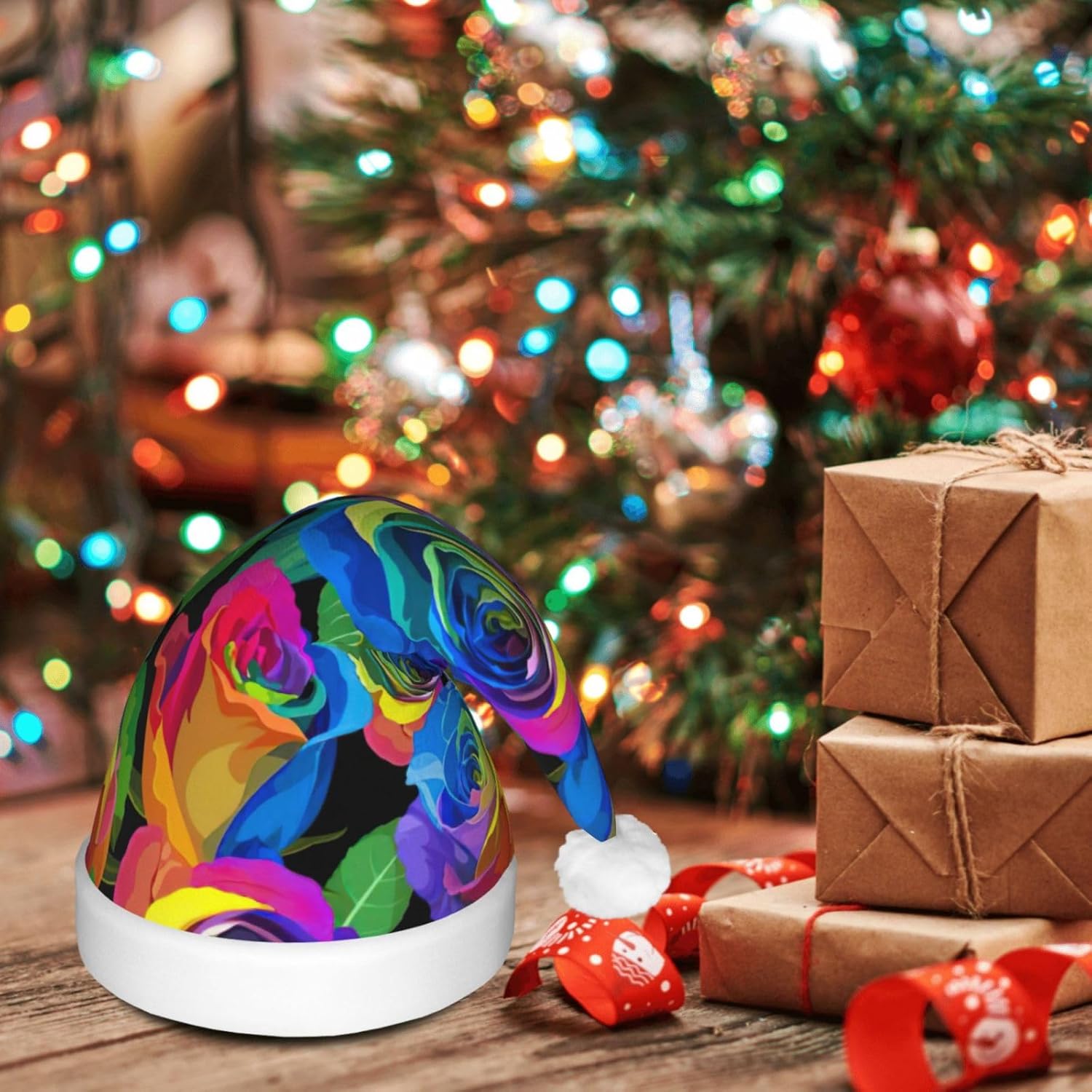 Multicolored Roses Print Christmas Hat with LED Lights