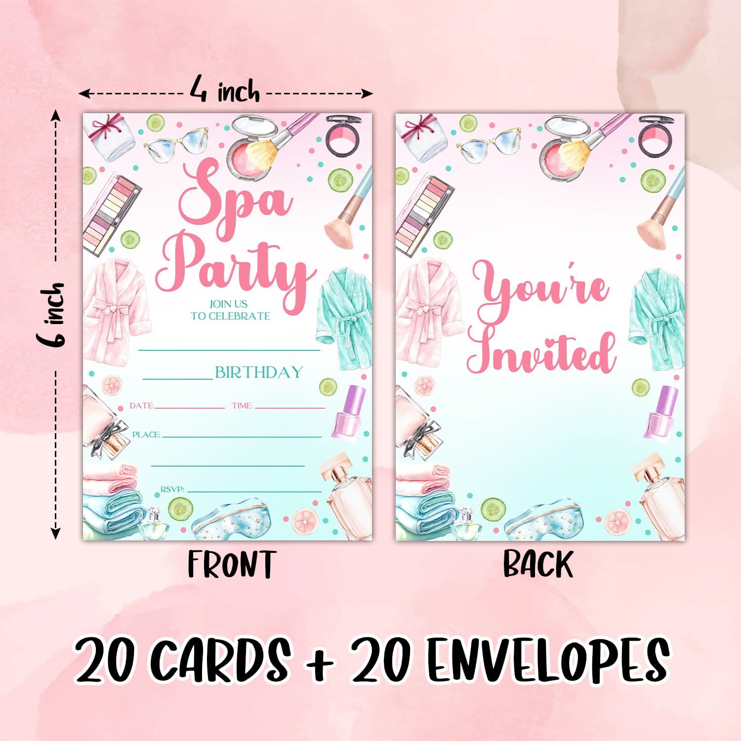 Spa Birthday Party Invites for Women Girls with Envelopes