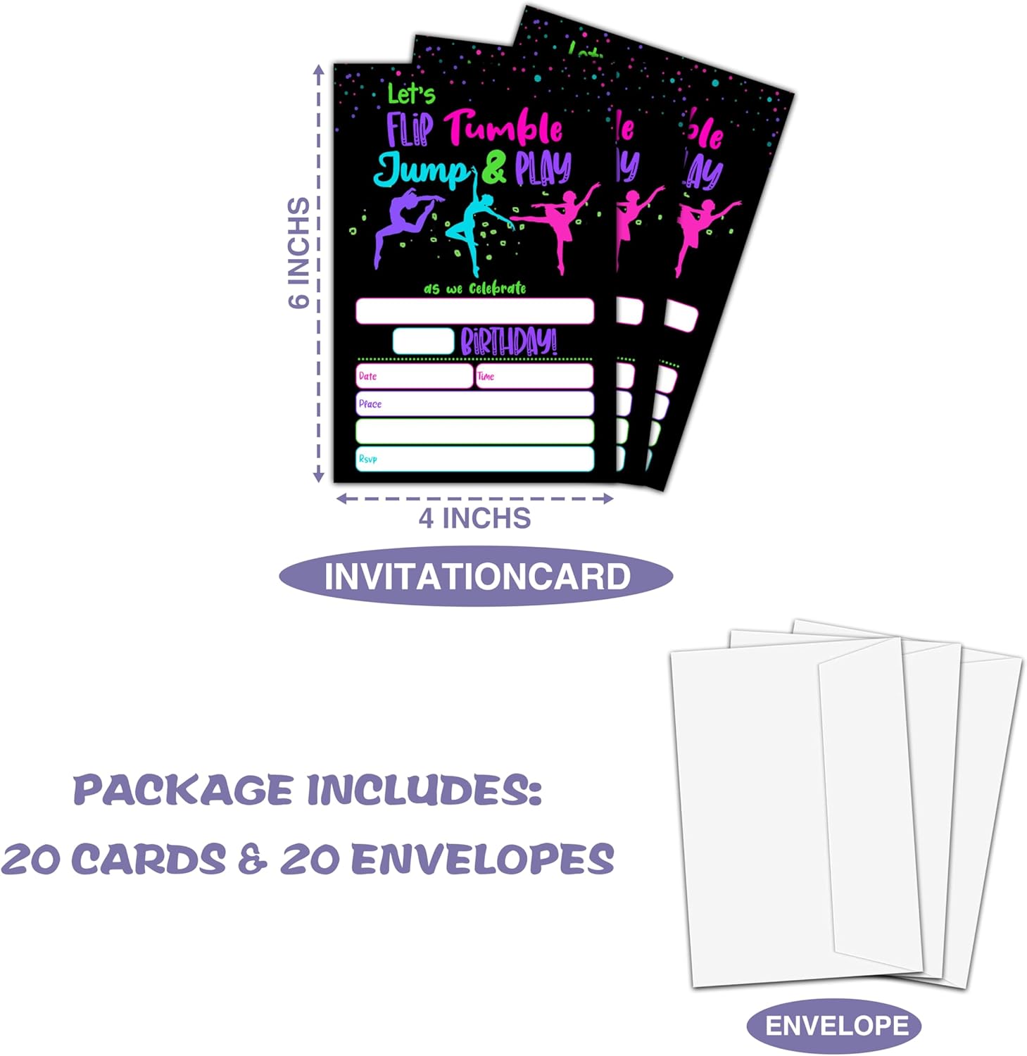 Neon Glow Gymnastics Birthday Invites for Teens