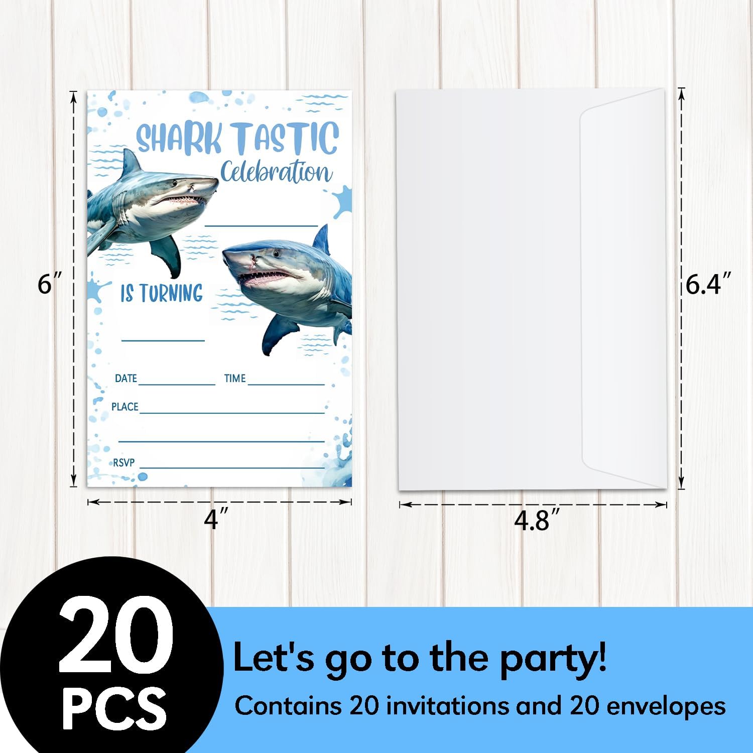 20 Shark Birthday Invitations with Envelopes