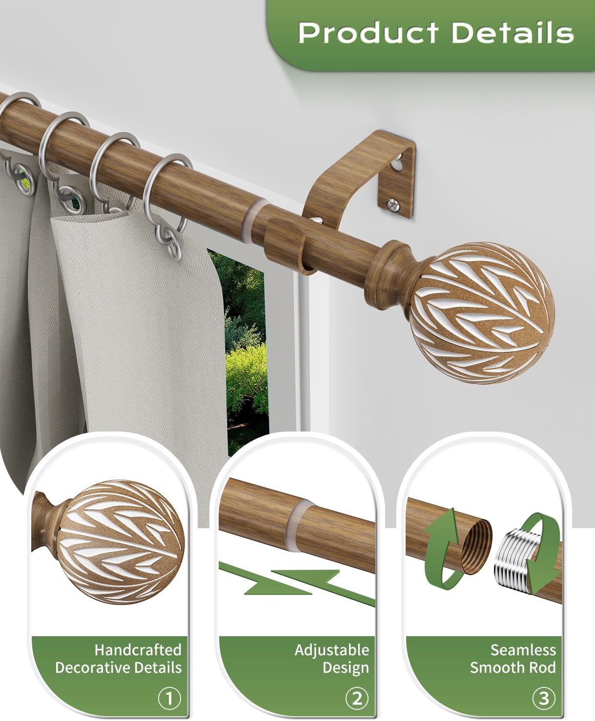 KVEEO Decorative Wood Grain Curtain Rods 36-88 Inch Adjustable
