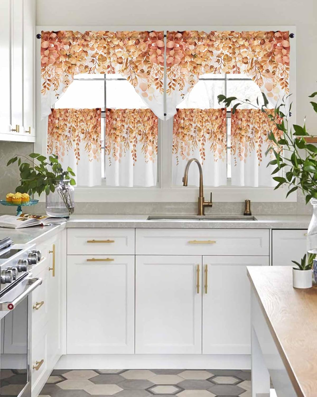 Orange Eucalyptus Leaf Curtain Set with Valance and Tiers