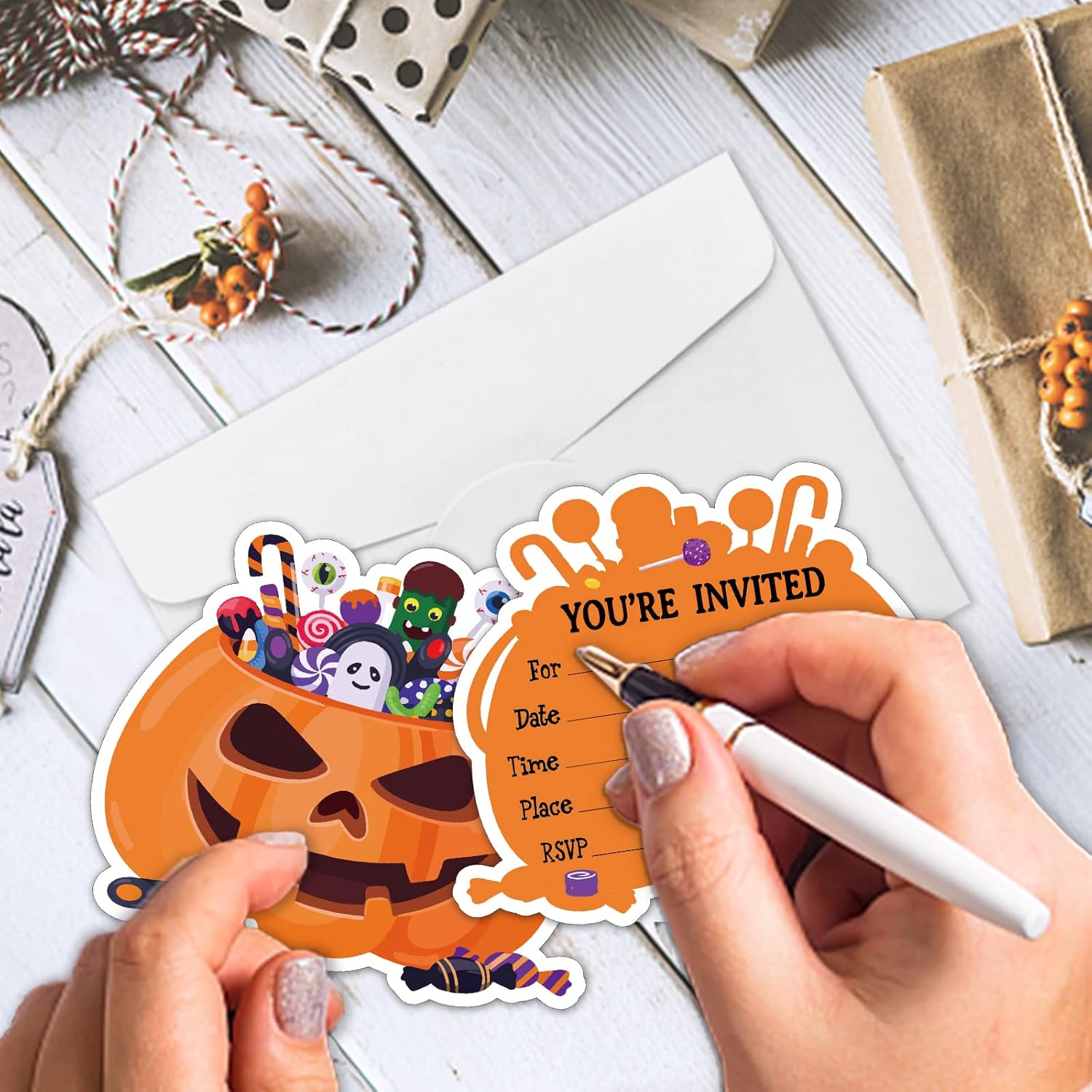 Rewidparty Halloween Pumpkin Party Invitations Set of 15