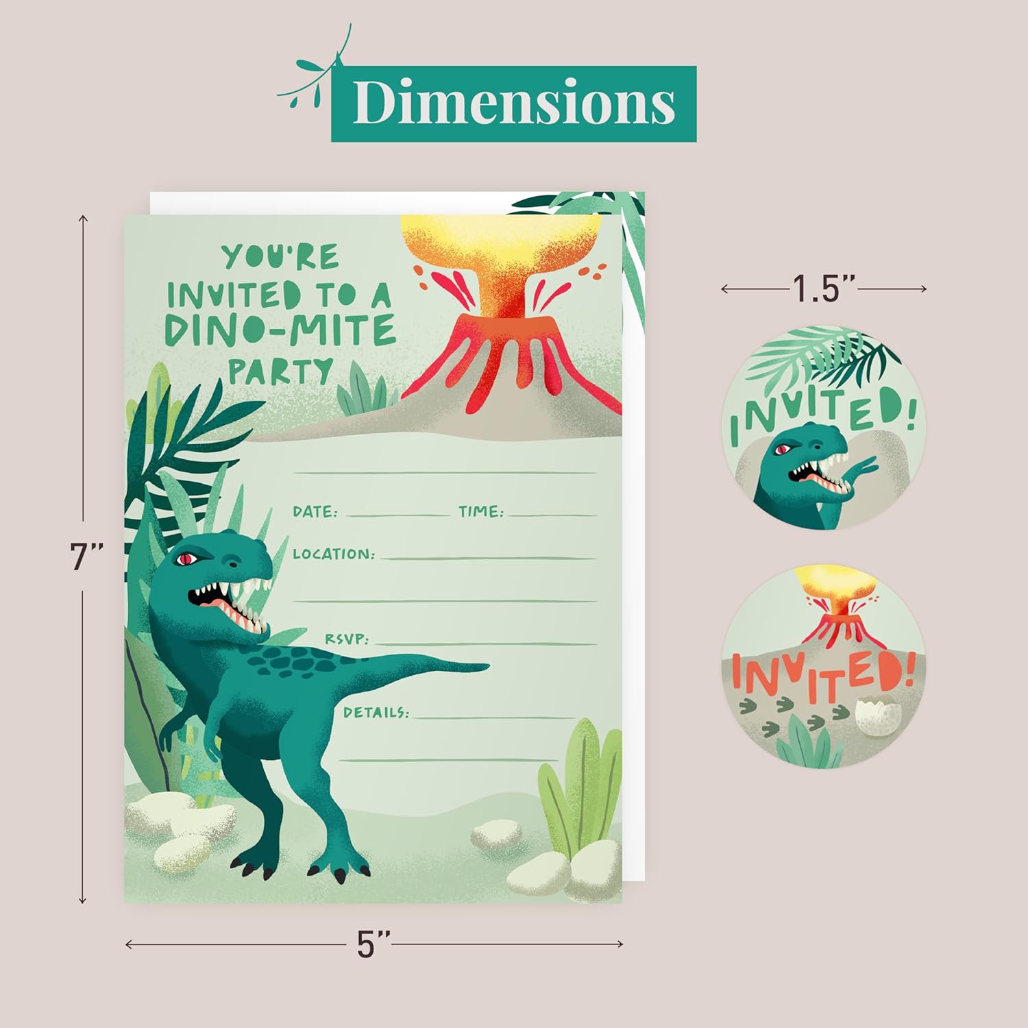 Rileys Co 50-Pack Dinosaur Party Invitations for Kids