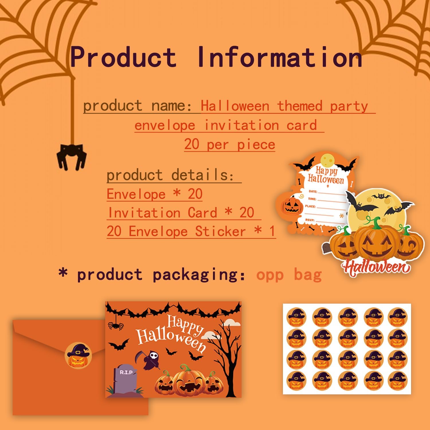 20 Halloween Party Invitations with Envelopes and Stickers