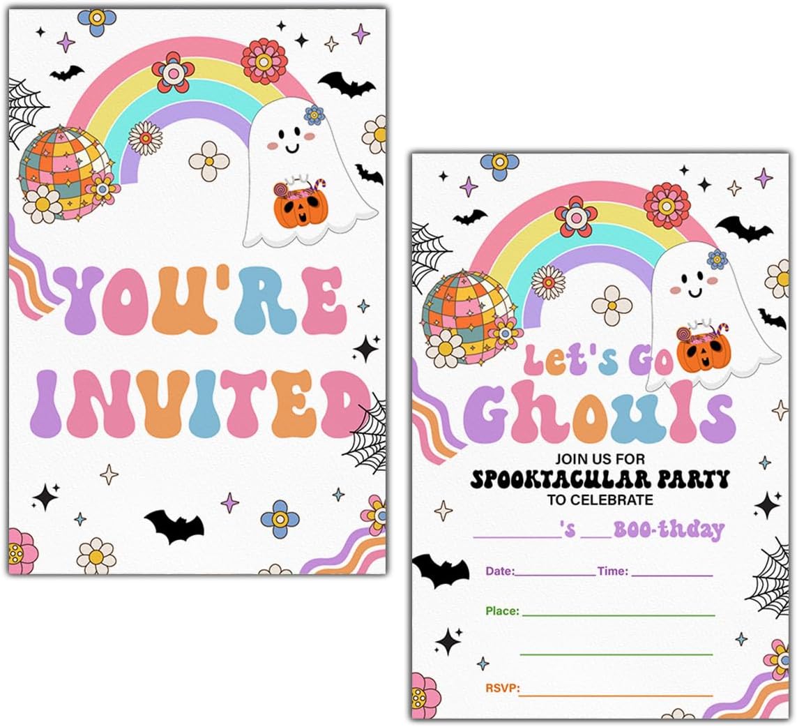 Halloween Birthday Invitations Groovy Rainbow Ghost Lets Go Ghouls 20 Pack