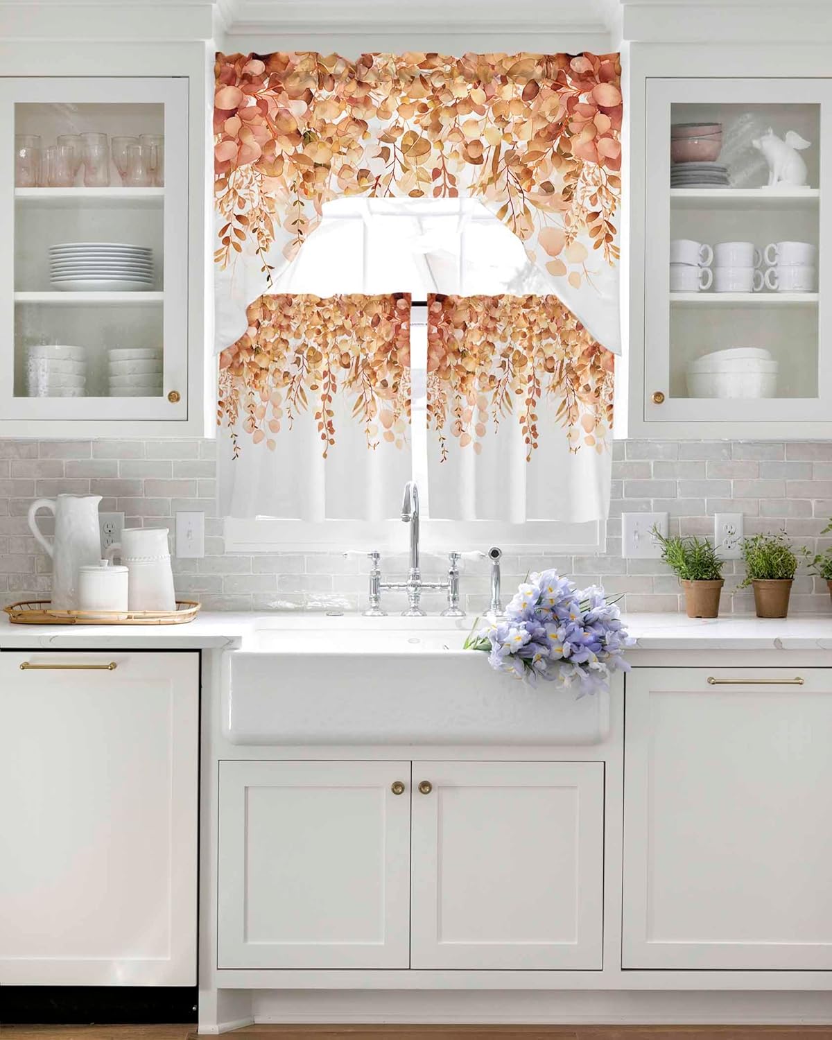 Orange Eucalyptus Leaf Curtain Set with Valance and Tiers