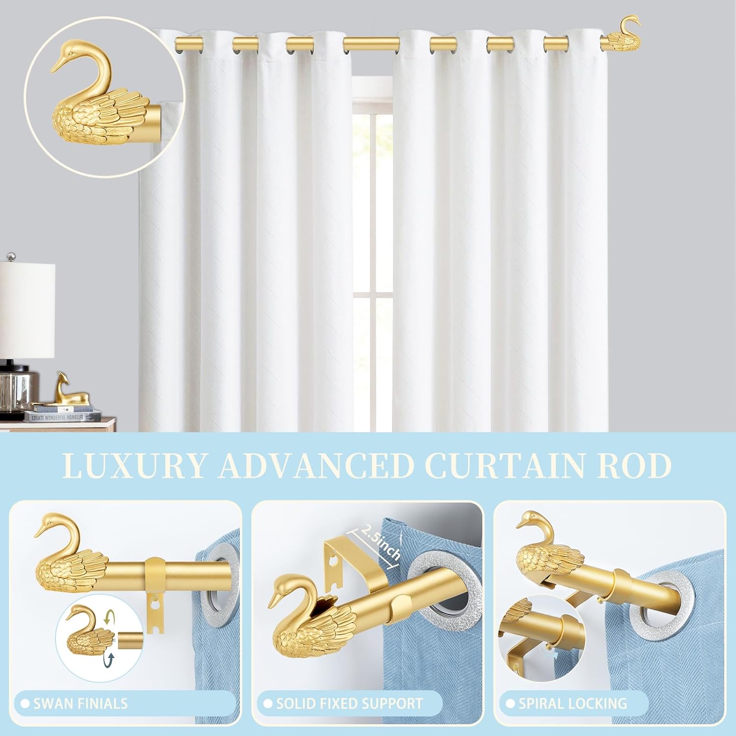 TANGWIN Gold Curtain Rods 48-84 Inch with Swan Finials