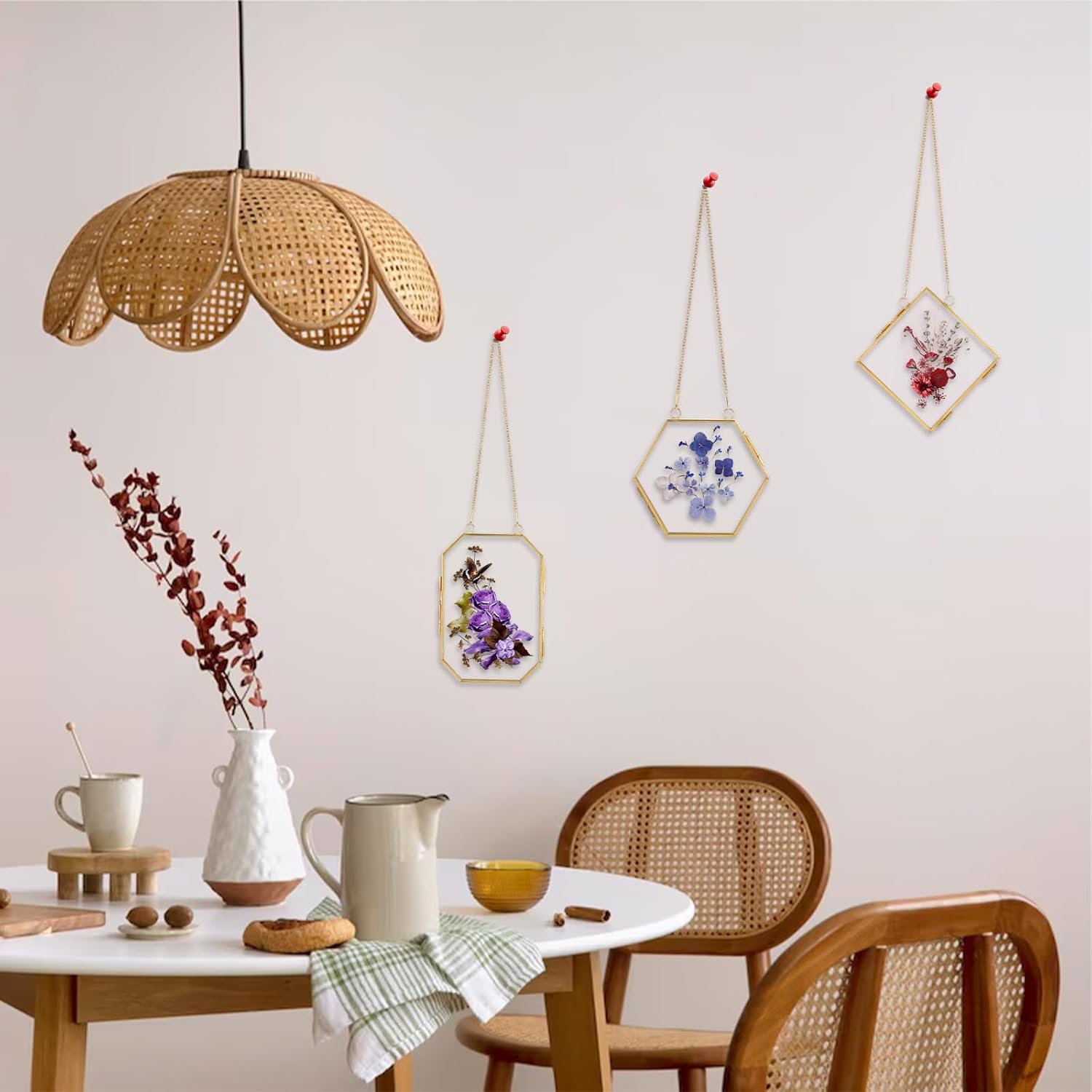 3pcs Pressed Flower Frames with Gold Chain Brass Wall Hanging Display