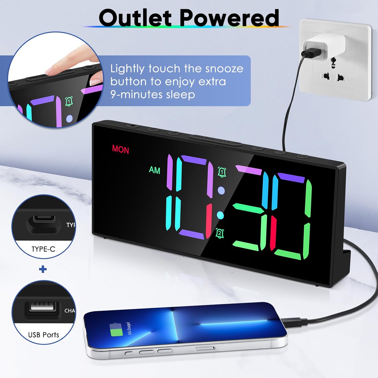 Tetino Loud Alarm Clock with RGB Display and Snooze