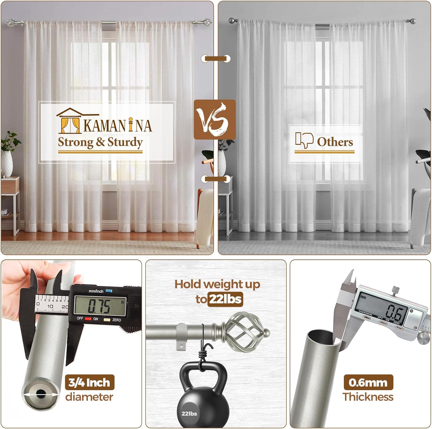 KAMANINA Silver Curtain Rod 32-58 Inch Adjustable Single Rod