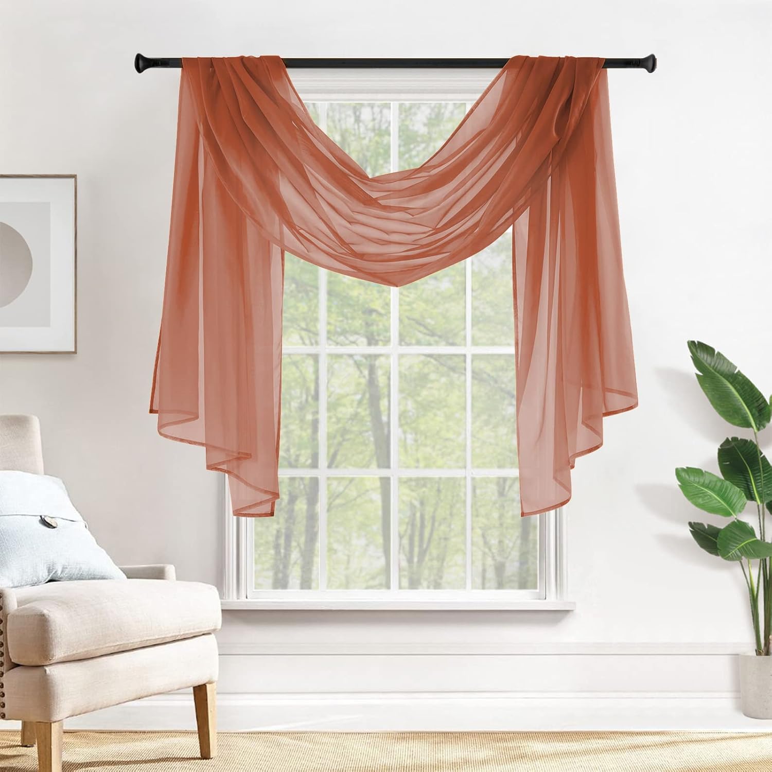 MIULEE Sheer Window Scarf Valance Terracotta Burnt Orange 54 x 144