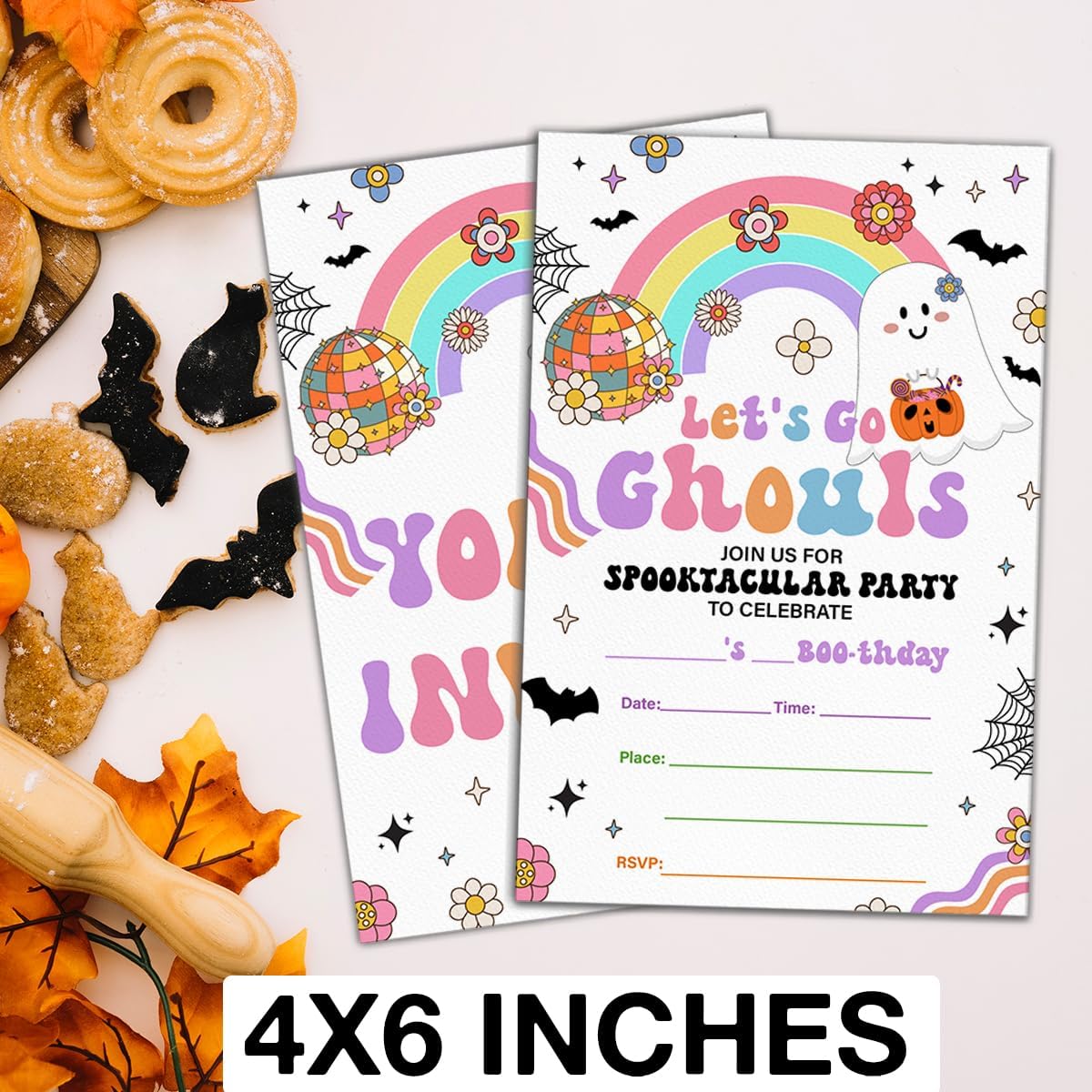 Halloween Birthday Invitations Groovy Rainbow Ghost Lets Go Ghouls 20 Pack