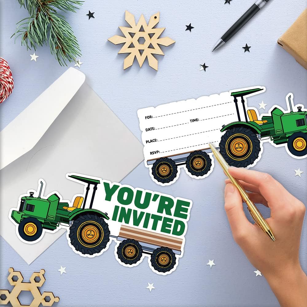 15 Sheet Green Tractor Party Invitation Set