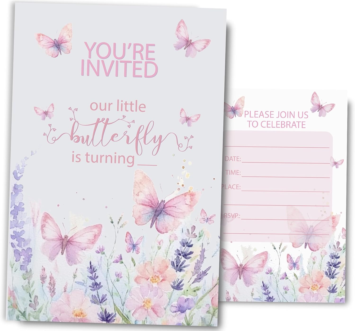 Butterfly First Birthday Invitations for Girls 4x6 30 Sets with Envelopes