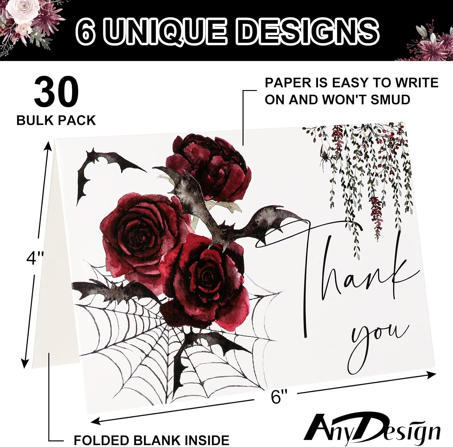 30 Pack Halloween Floral Thank You Cards with Envelopes