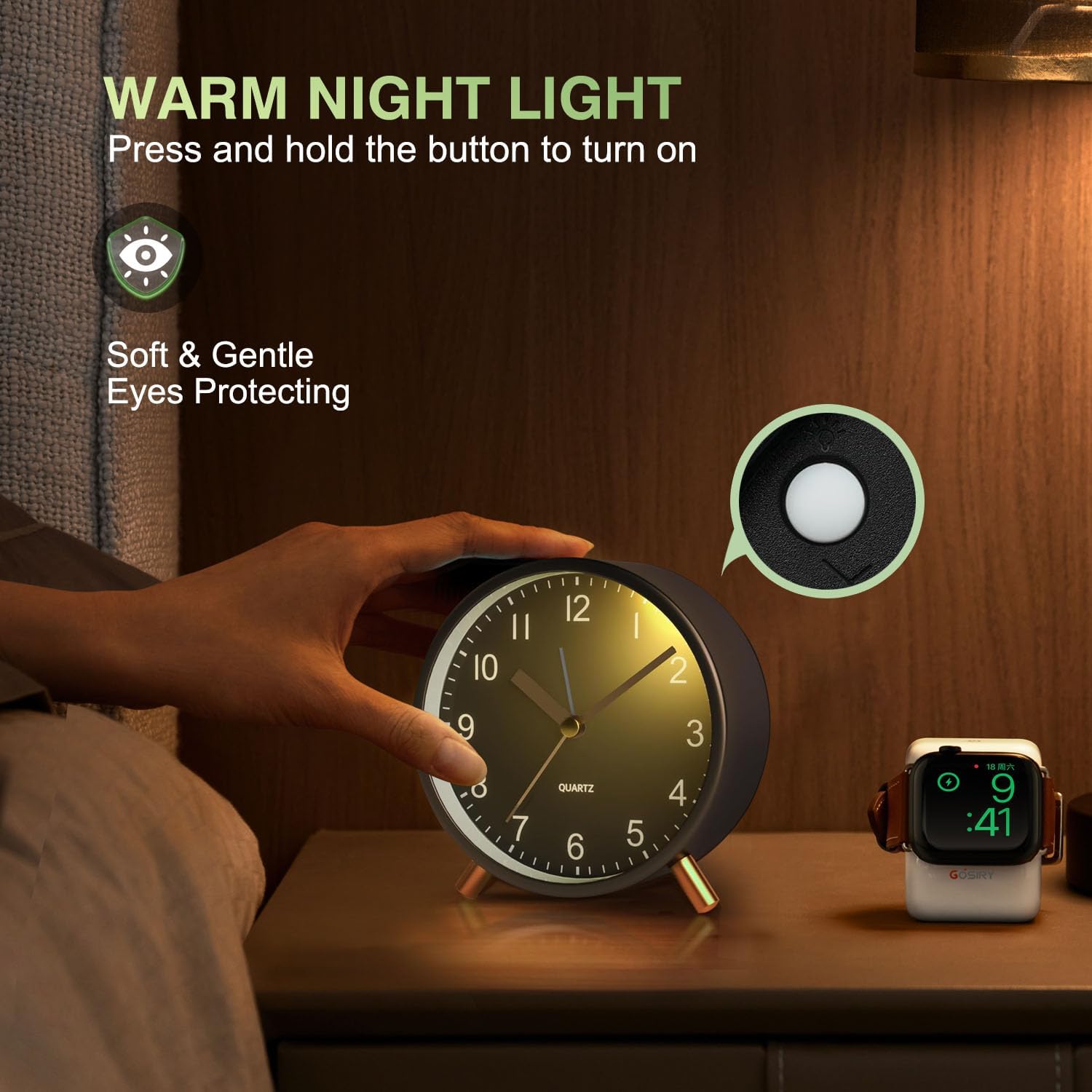 YouJabz Silent Analog Clock with Night Light