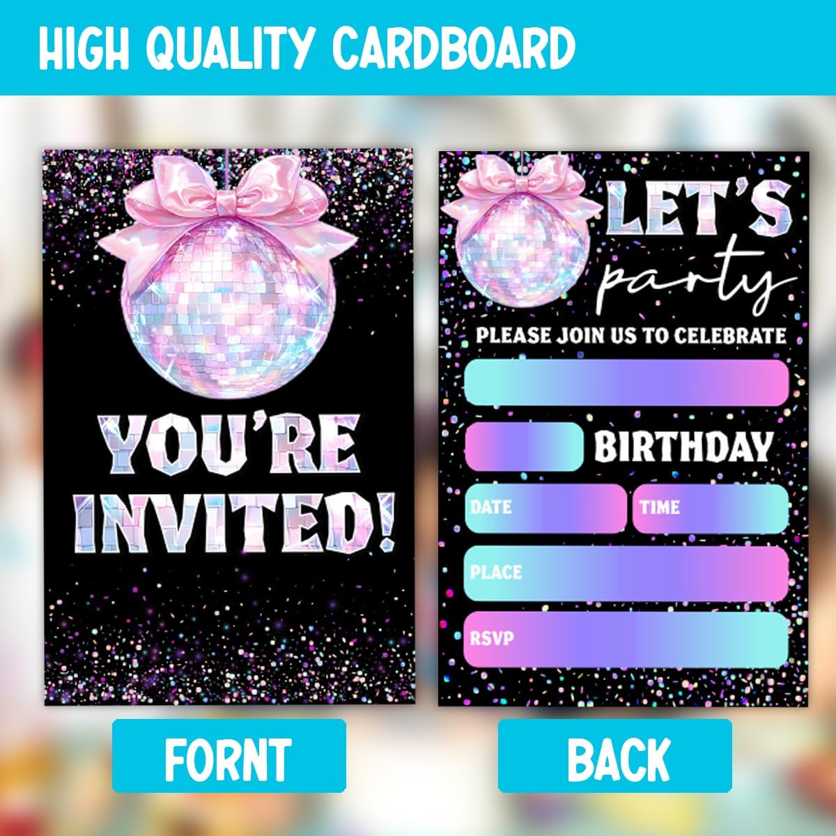 Glitter Disco Birthday Party Invitations with Pink Bow Design