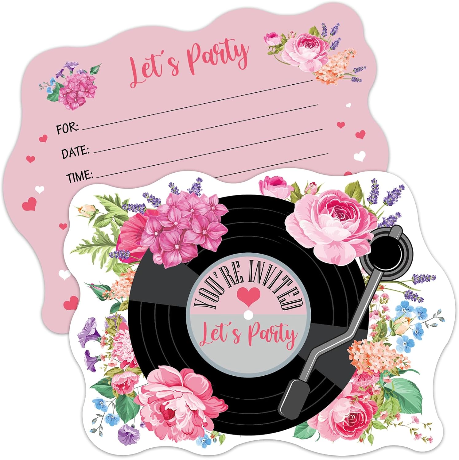 ERHACHAIJIA 20PCS Pink Flowers Vinyl Records Party Invites