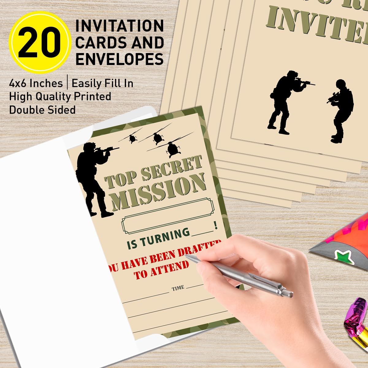 Camo Military Birthday Invitations Set with Envelopes 4x6
