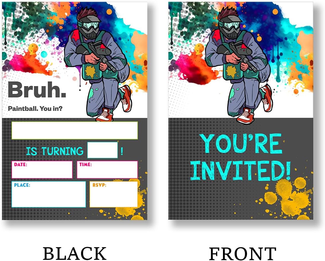 Paintball Birthday Invitation Set with Envelopes for Teen Boys