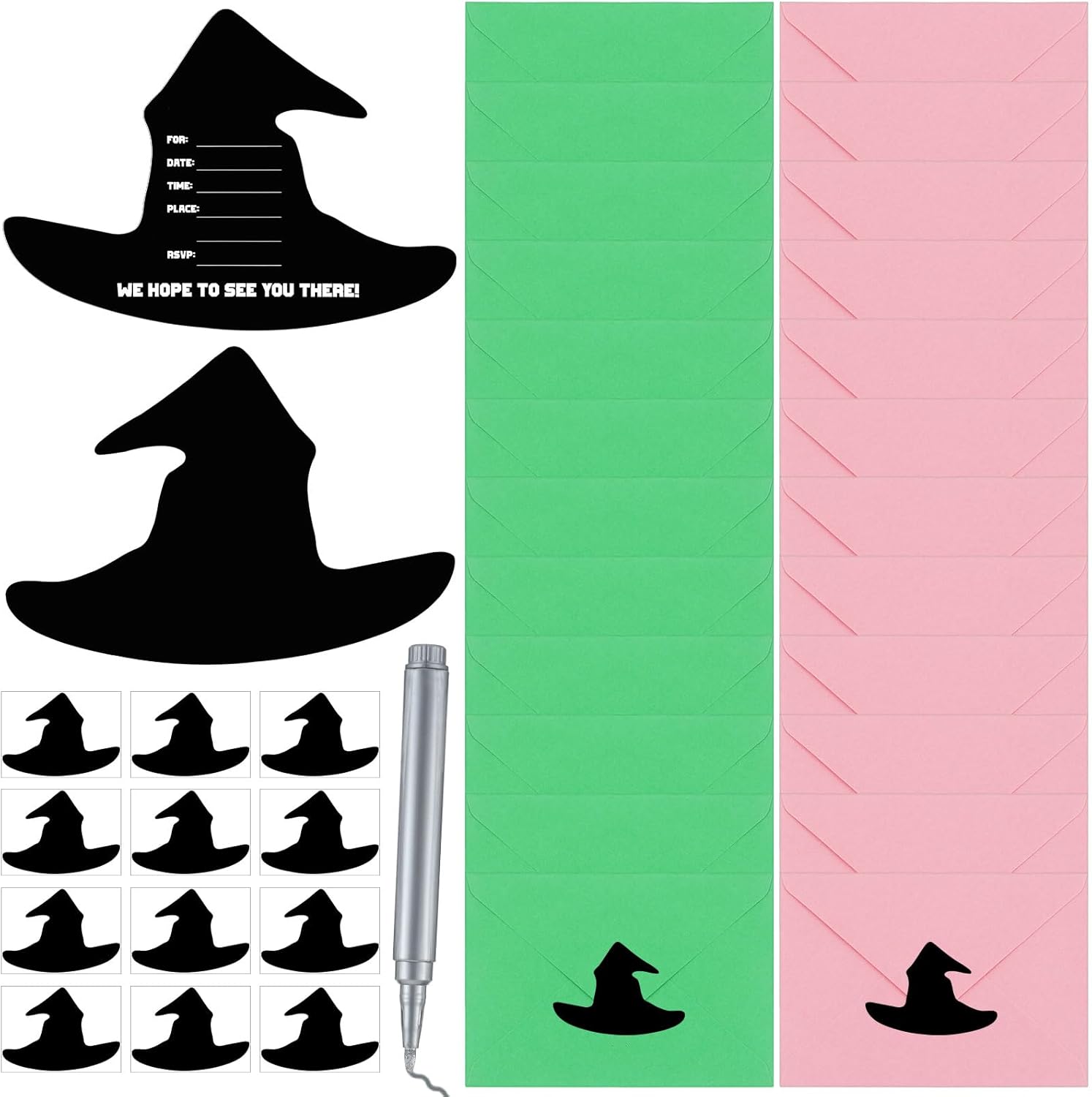 24 Set Witch Party Pink Green Invitations with Envelopes and Stickers