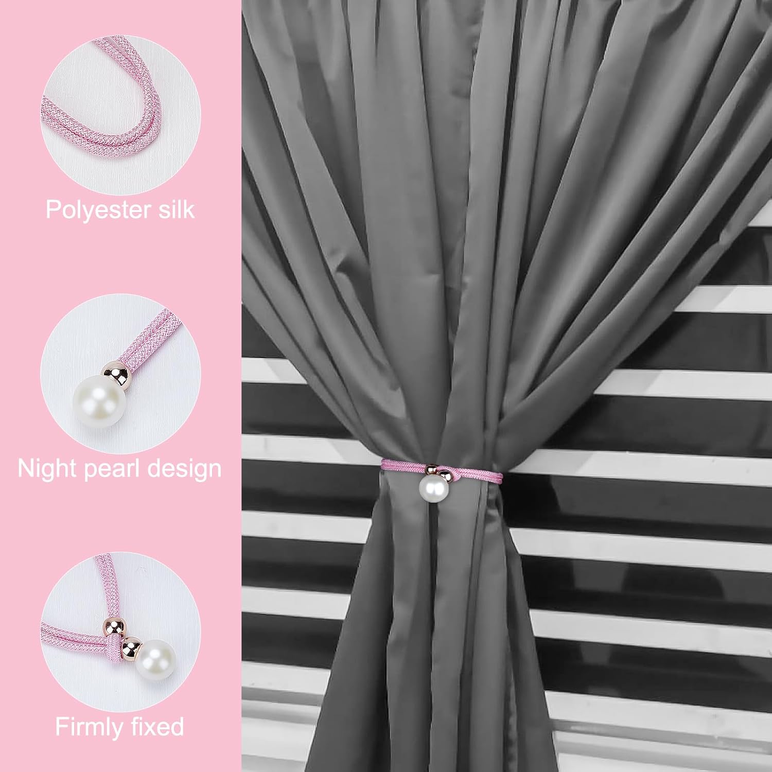 2 Pack Pink Adjustable Curtain Tiebacks with Large Imitation Pearls