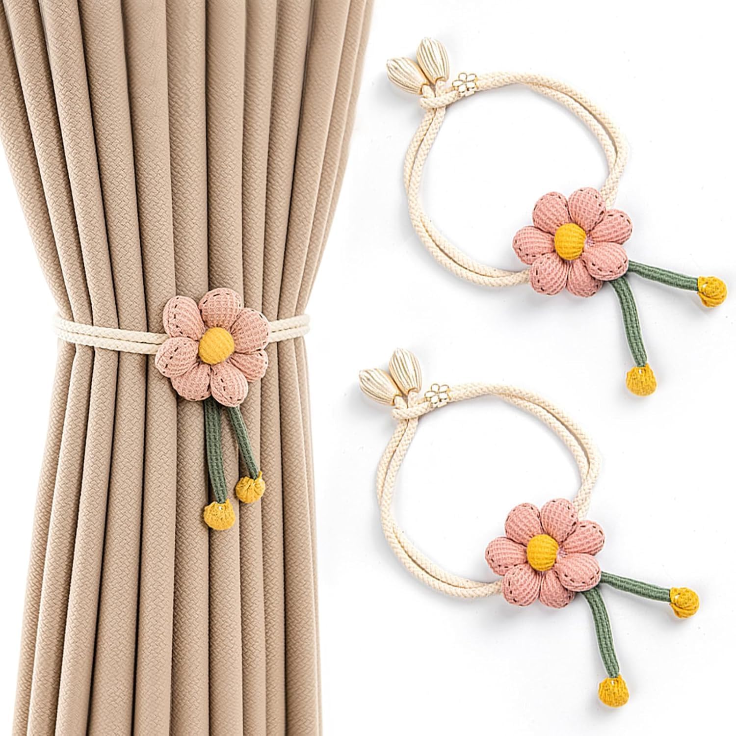 2pcs Boho Flower Curtain Holdbacks with Adjustable Straps