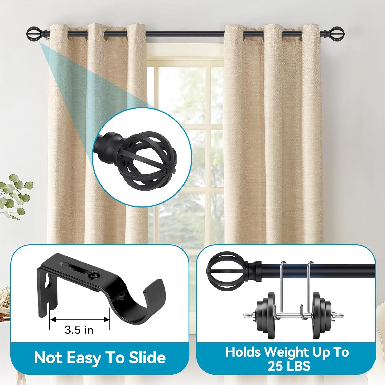 Black Curtain Rods 28-48 Inch Heavy Duty Metal Adjustable