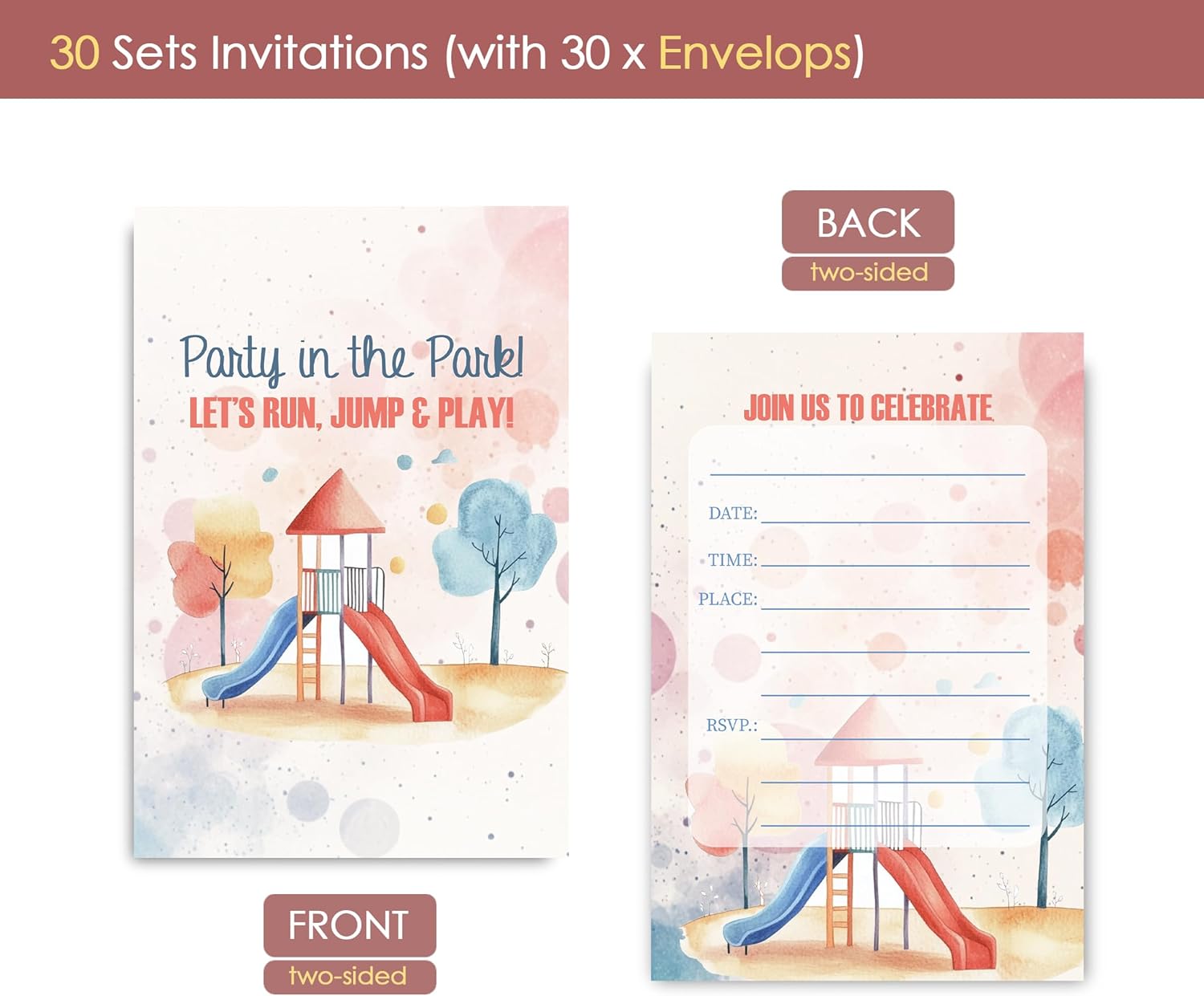 Playground Birthday Invitations for Kids 30 Sets with Envelopes