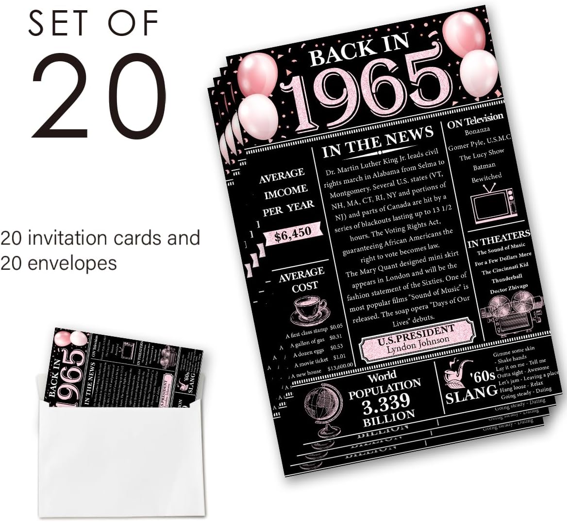 60th Birthday Invites Set - Pink Retro 1965 Design for Women and Men